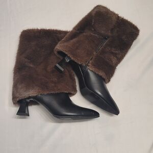 No Boundaries Faux Fur Mid Calf Boots Brown Memory Foam Pointed Toe Sz 10